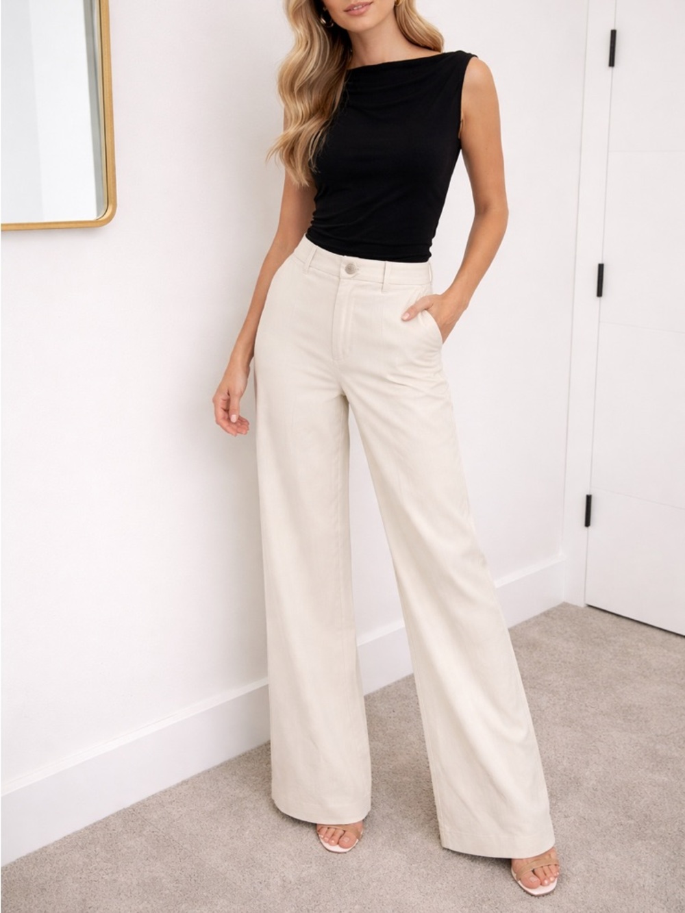 Wide Leg High-Rise Pants in Cream